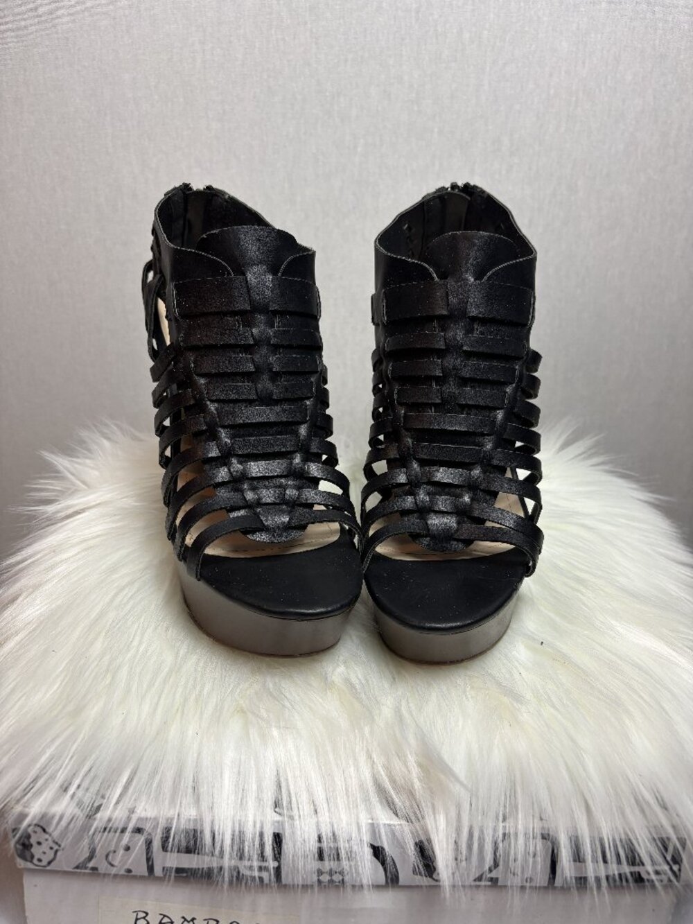 Black Bamboo Wedge Sandals, Size 8.5, Strappy Platform Heels
